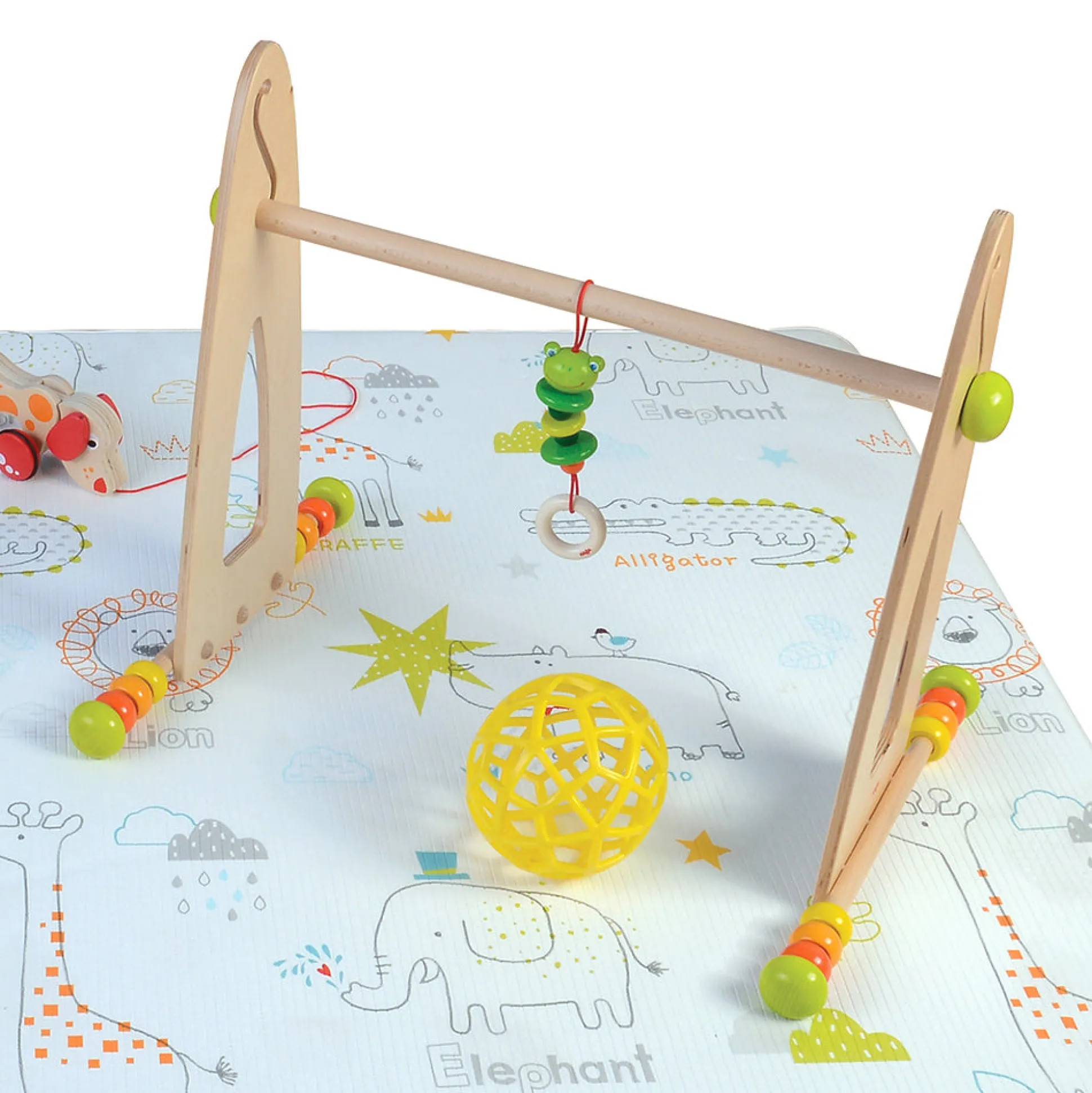 Adjustable Wooden Infant Play Gym with Frog Pull Toy | Perfect for Tummy Time & Floor Play
