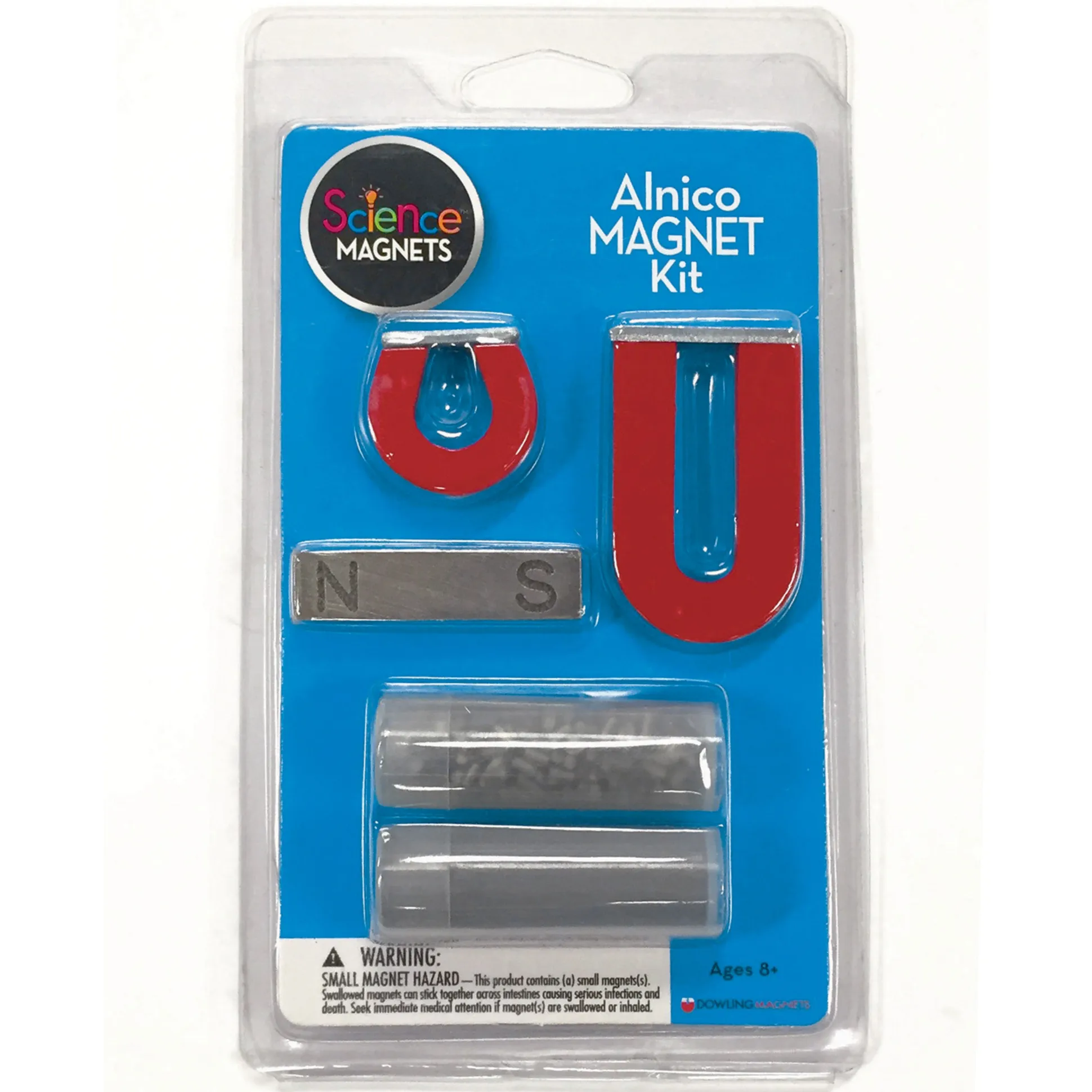 Alnico Science Kit- 1" horseshoe, 2" horseshoe, 2" bar magnet plus a tube of iron filings and steel shapes