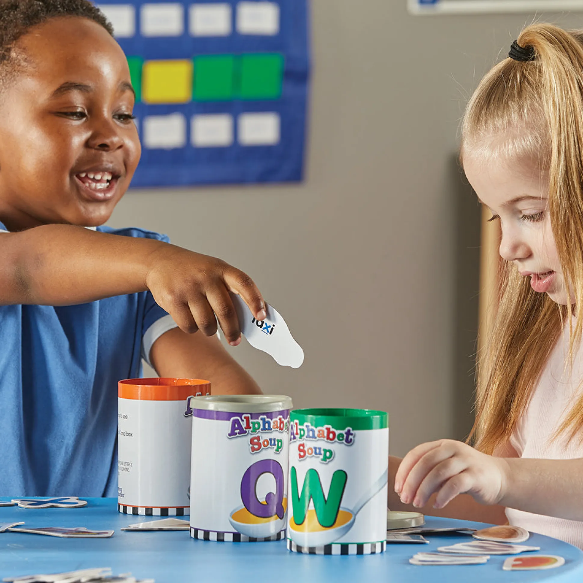 Alphabet Soup Sorters | 26 Color-Coded Cans with Letters & Photo Cards
