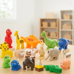 Animals for Preschool Building Bricks | 17-Piece Dinosaur, Wild & Farm Animal Play Set