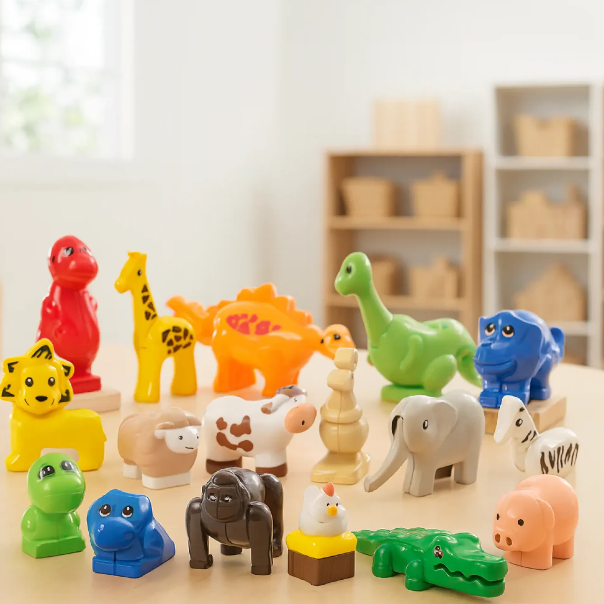 Animals for Preschool Building Bricks | 17-Piece Dinosaur, Wild & Farm Animal Play Set