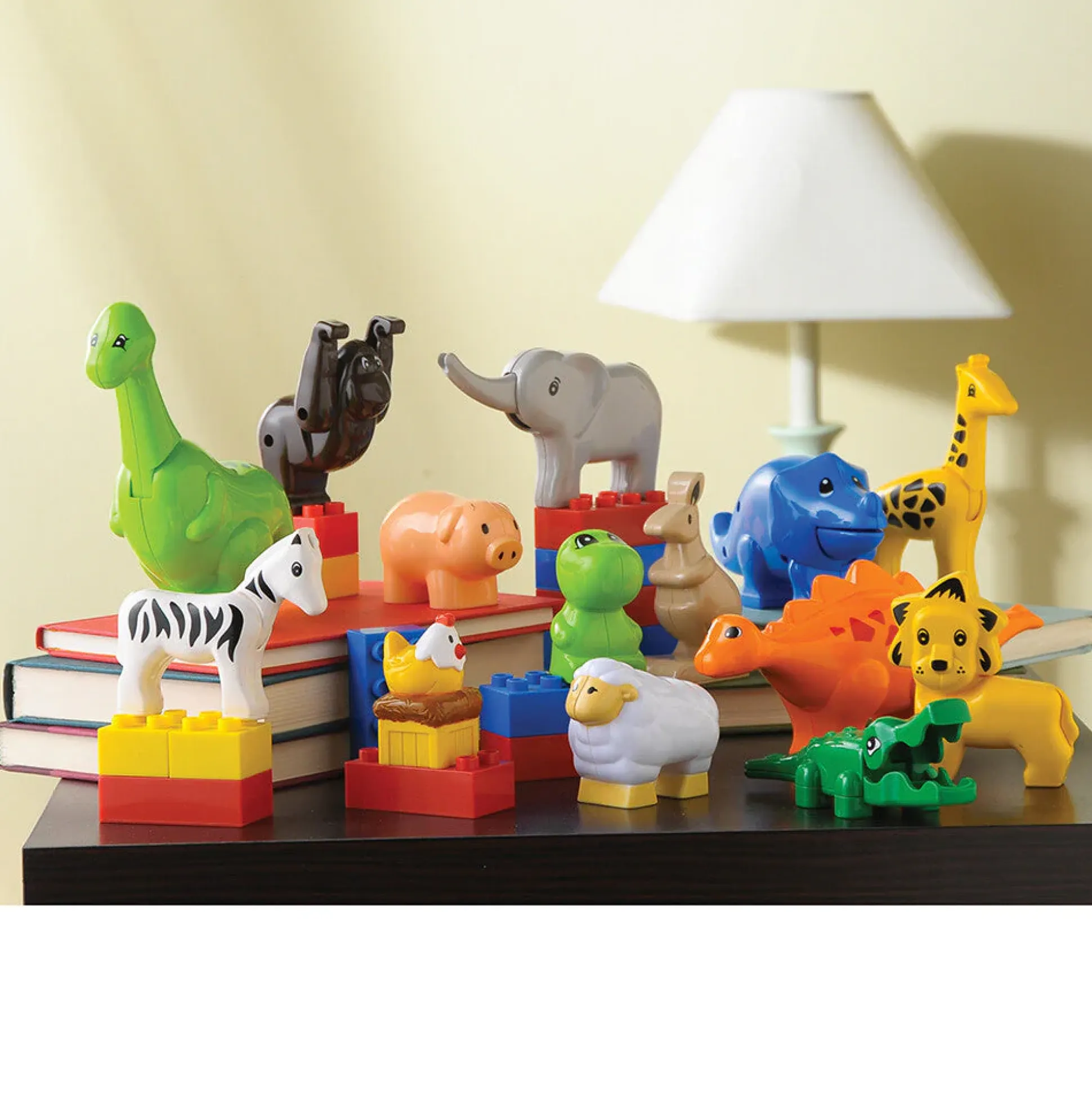 Animals for Preschool Building Bricks | 17-Piece Dinosaur, Wild & Farm Animal Play Set