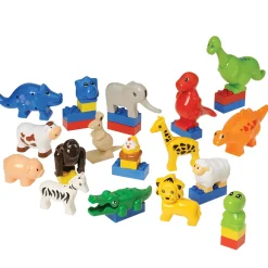 Animals for Preschool Building Bricks | 17-Piece Dinosaur, Wild & Farm Animal Play Set