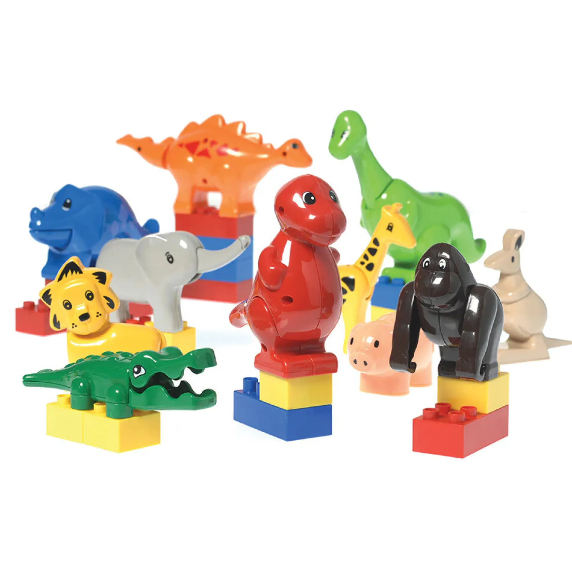 Animals for Preschool Building Bricks | 17-Piece Dinosaur, Wild & Farm Animal Play Set