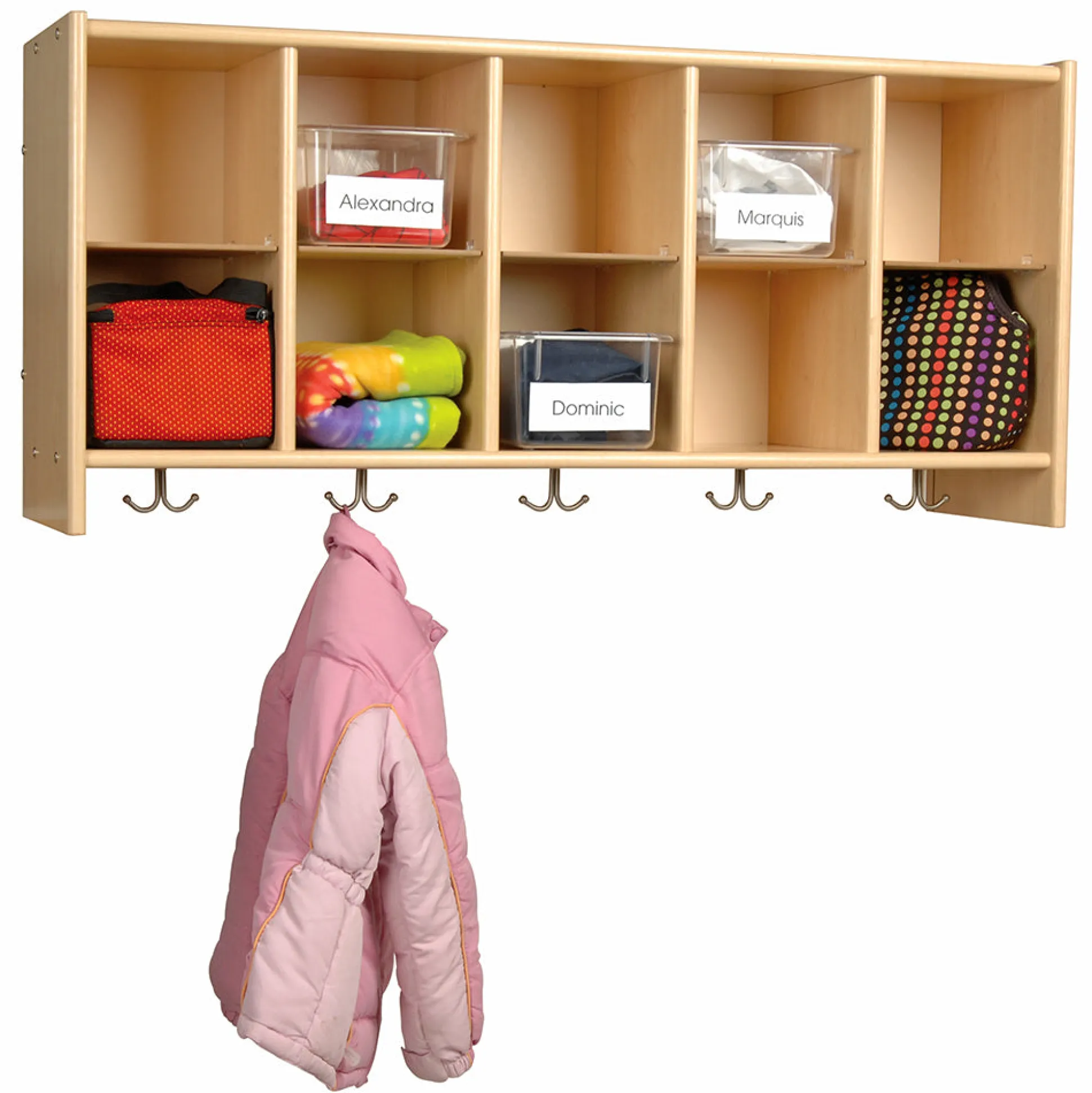 Birch Wall Cubbie | Classroom Storage with 10 Cubbies & 5 Double Hooks