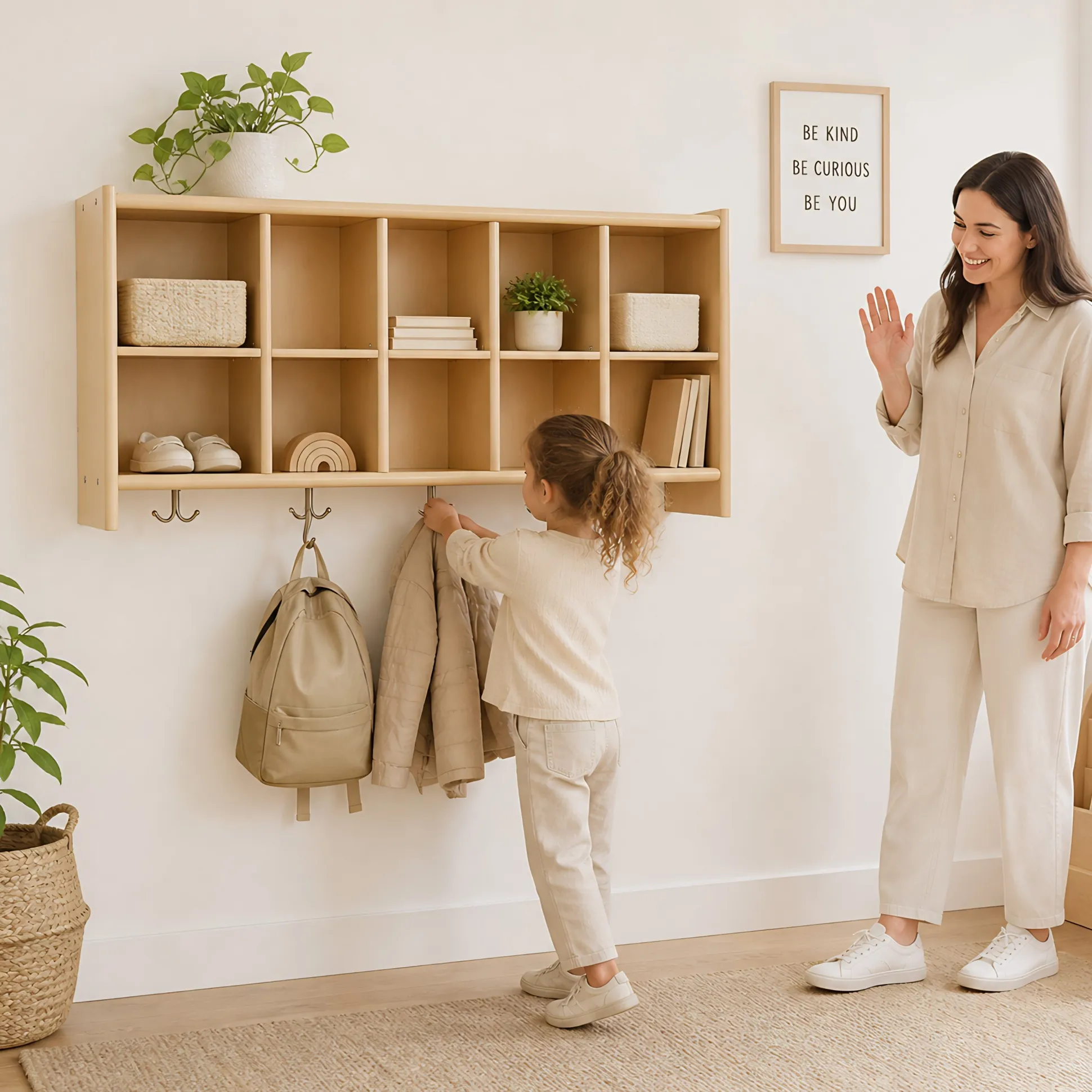 Birch Wall Cubbie | Classroom Storage with 10 Cubbies & 5 Double Hooks