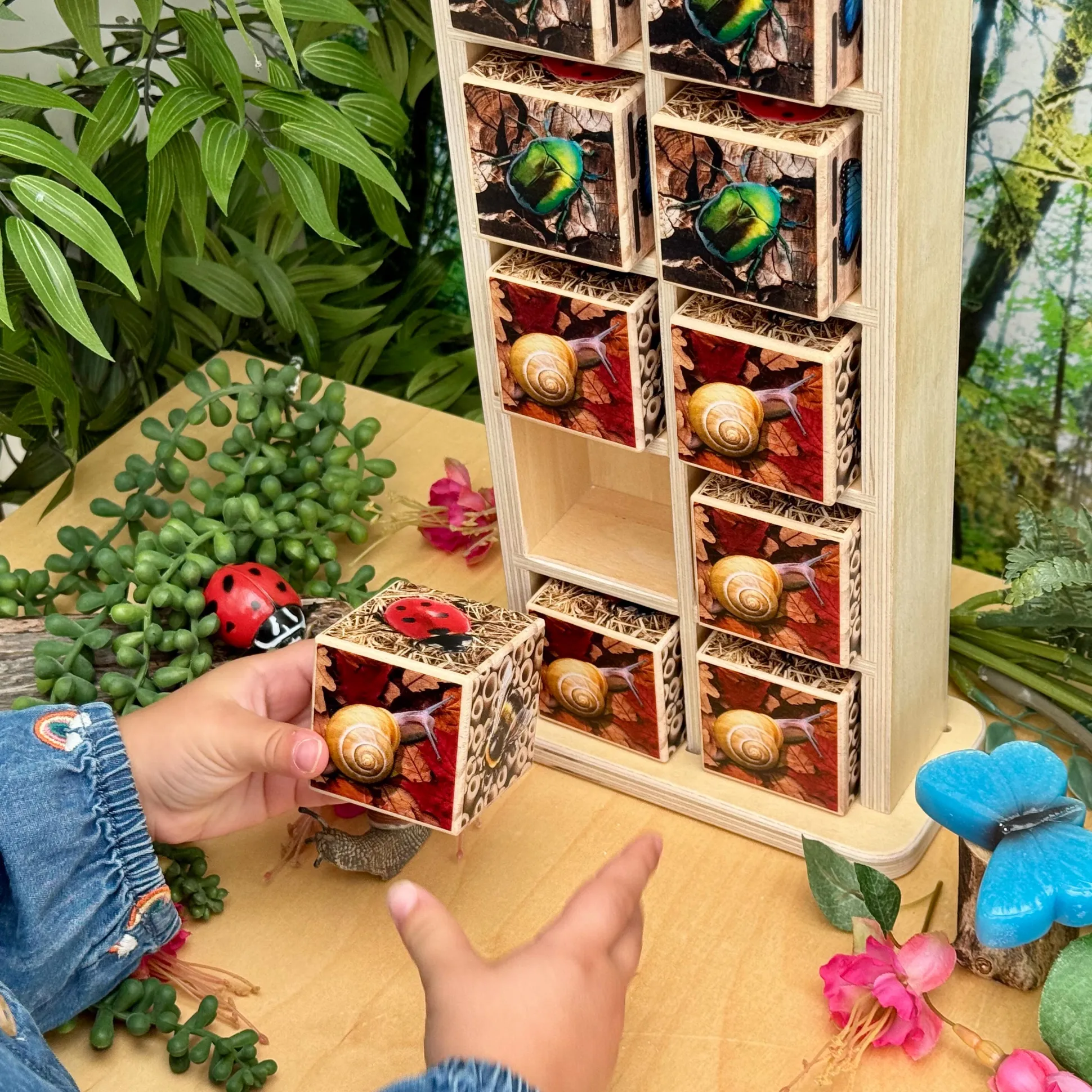 Bug Hotel 10-Frame Wooden Counting Toy | Nature-Inspired Math Learning Set with 10 Bug Cubes