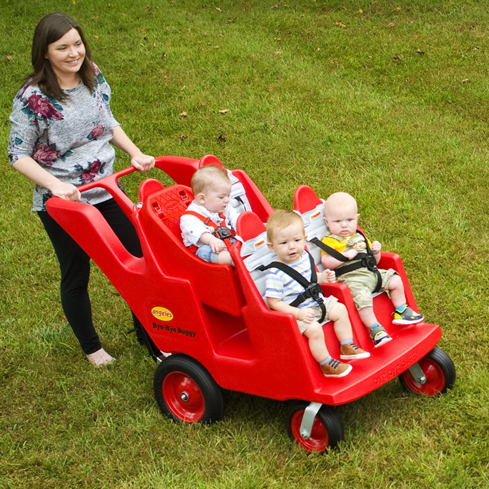 Bye Bye Buggy® 4-Passenger Stroller | Red with Gray Cushions | Easy-Maneuver Multi-Child Transport Buggy