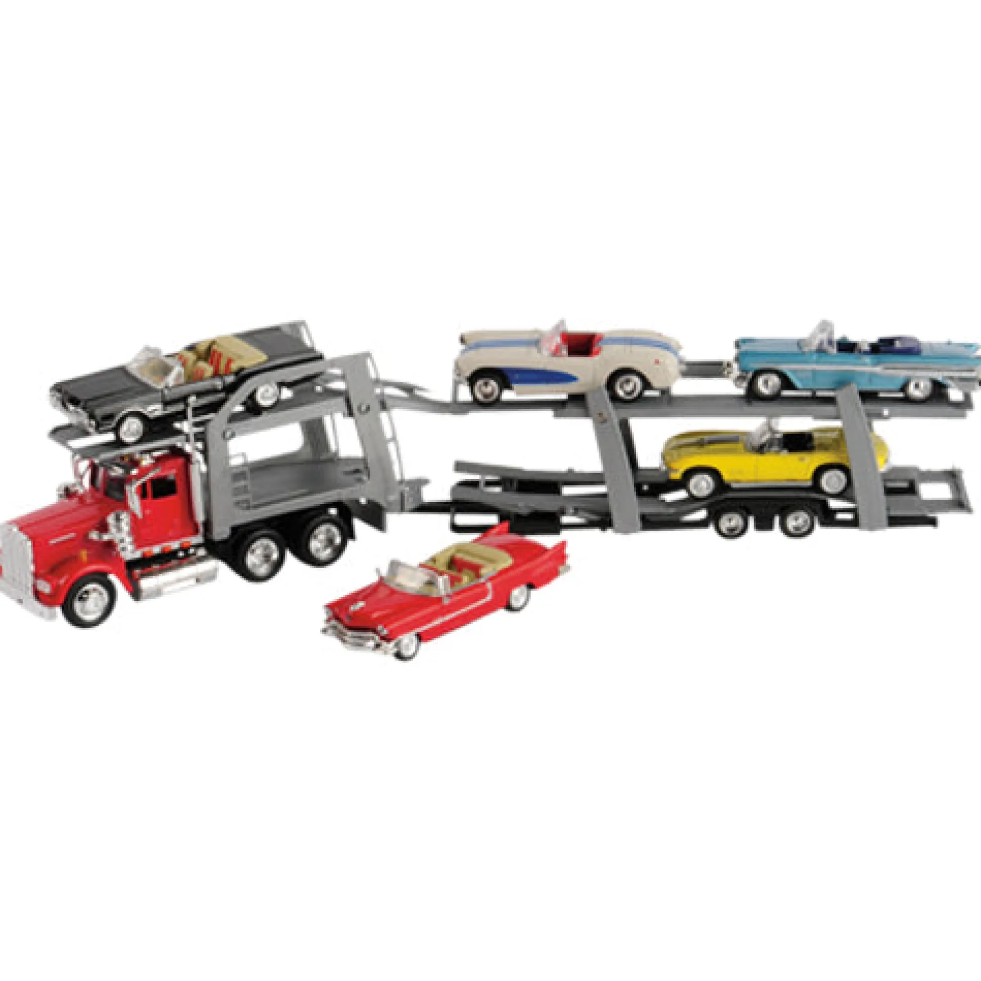 Classic Car Transport Truck Playset with 6 Die-Cast Convertibles – 18"