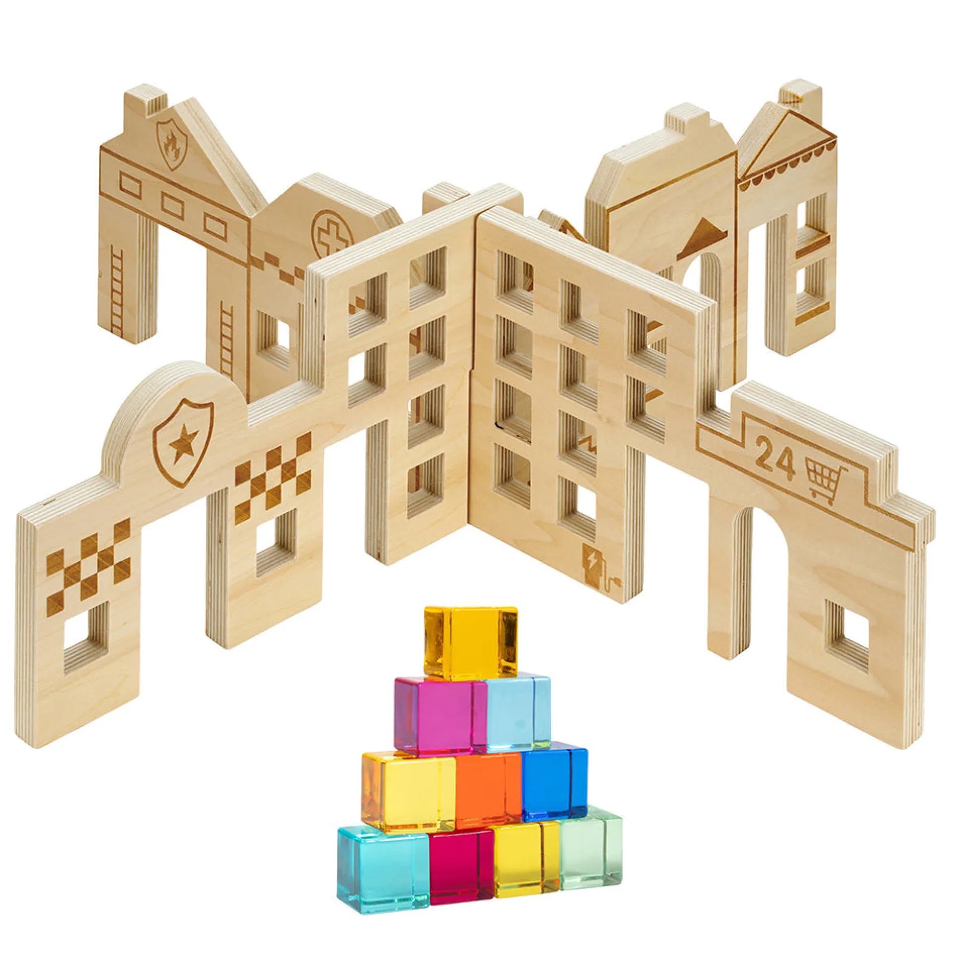 Color & Light Town Builder Set | Wooden Dividers with Gem Cubes