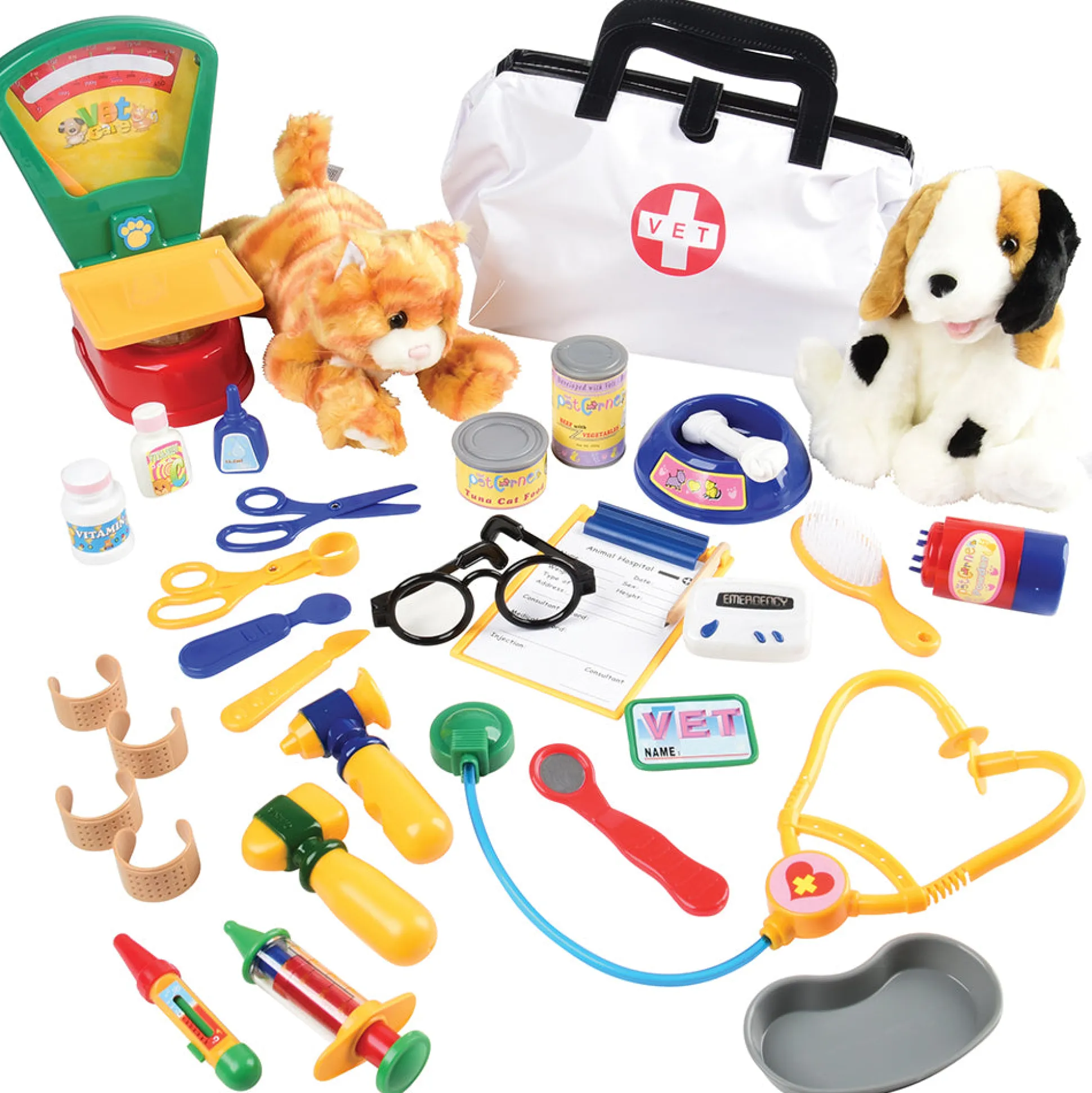 Complete Play Vet Set | 30-Piece Kit with Stethoscope, Pet Scale, Plush Dog & Cat