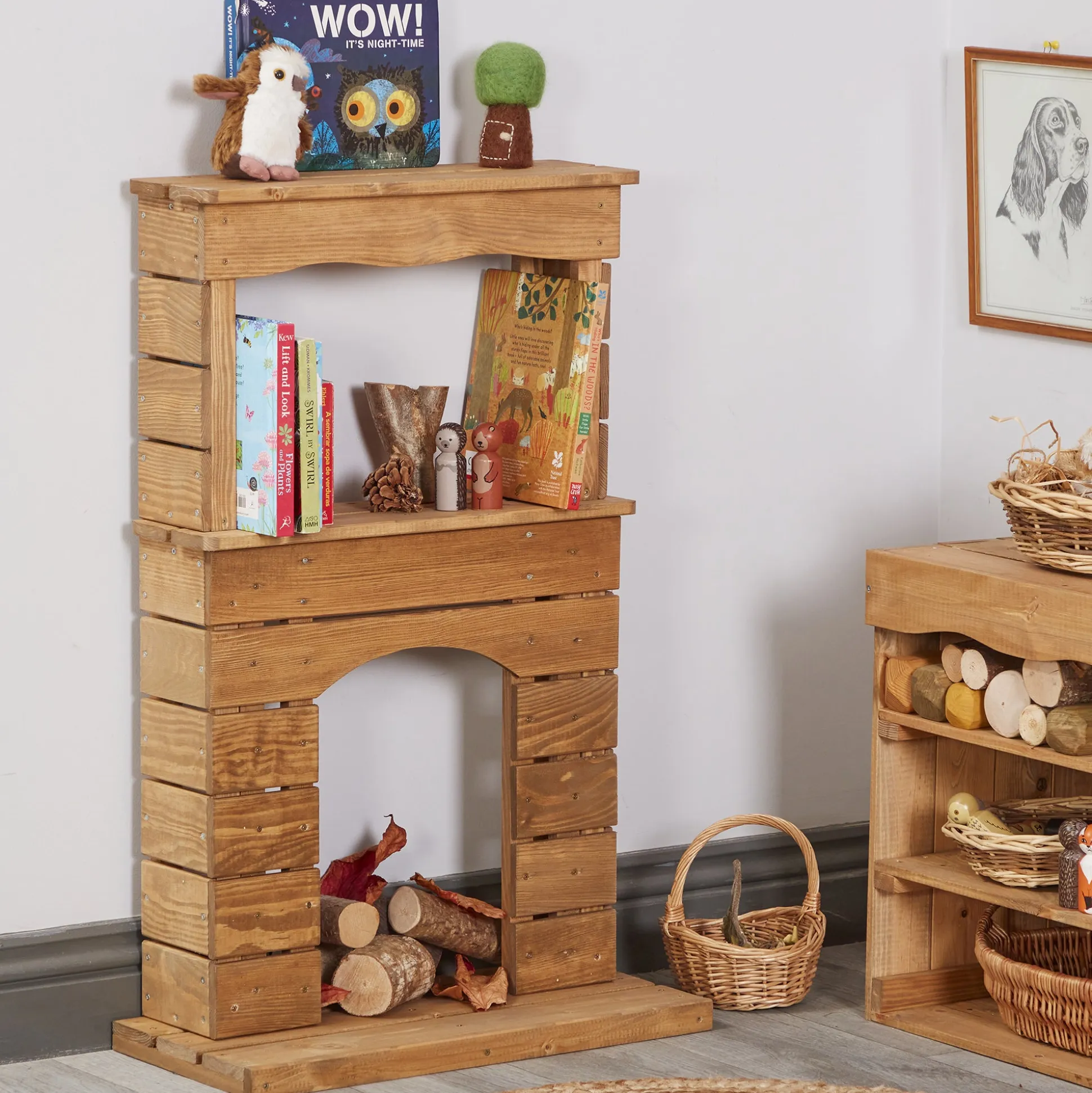 Curiosity Farmhouse Kitchen Set | Wooden Pretend Play Center with Mud Kitchen, Shelving & Fireplace