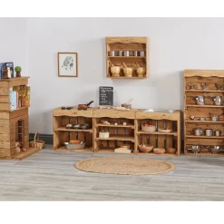 Curiosity Farmhouse Kitchen Set | Wooden Pretend Play Center with Mud Kitchen, Shelving & Fireplace