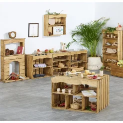 Curiosity Farmhouse Kitchen Set | Wooden Pretend Play Center with Mud Kitchen, Shelving & Fireplace