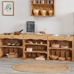 Curiosity Farmhouse Kitchen Set | Wooden Pretend Play Center with Mud Kitchen, Shelving & Fireplace