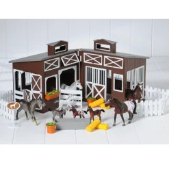 Deluxe Horse Stable Play Set | 4 Horses, 4 Ponies, White Corral & Accessories