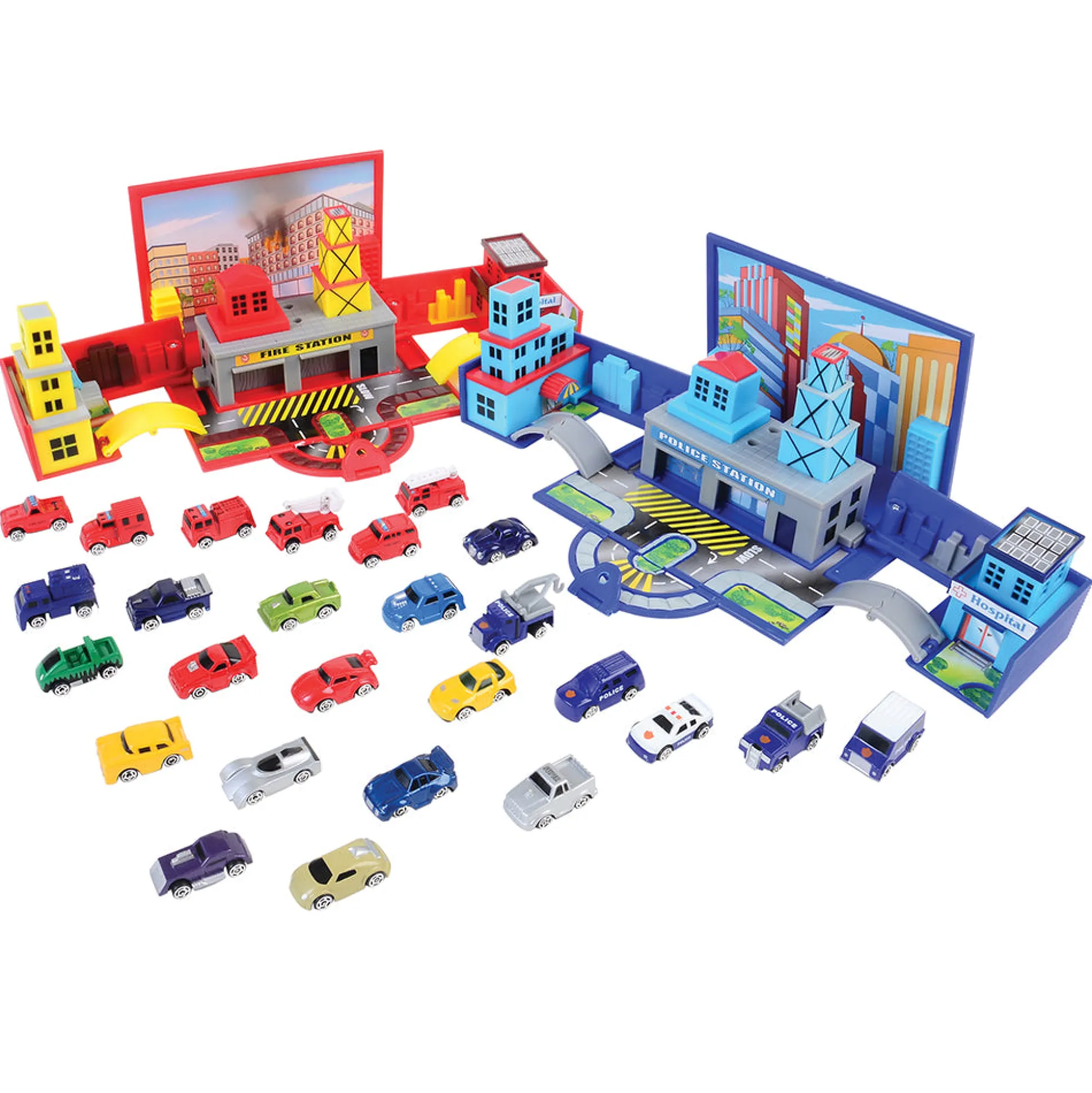 Die Cast Micro Racers Playset | 26 Vehicles & Pop-Up Cityscapes for Ages 3+