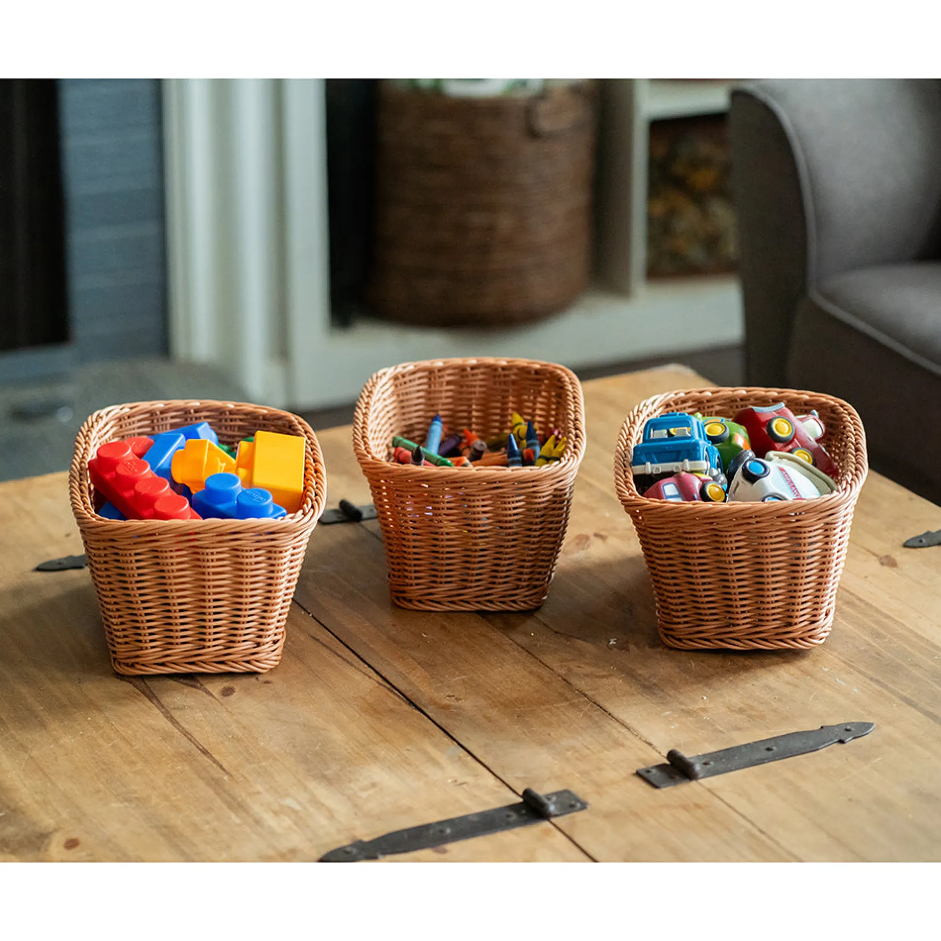 Durable Woven Plastic Rectangle Storage Baskets | Set of 3 Dishwasher-Safe Classroom Organizers