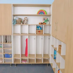 elevatED™ Five Section Coat Locker | Modern Preschool Storage with Hooks & Bench Seating