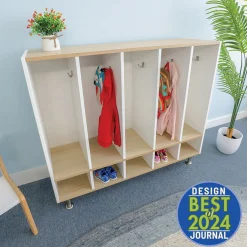 elevatED™ Five Section Coat Locker | Modern Preschool Storage with Hooks & Bench Seating