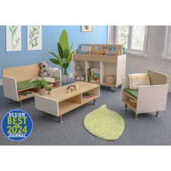 elevatED™ Modern Classroom Sofa with Storage | White Oak & Green Cushion Reading Bench for Kids