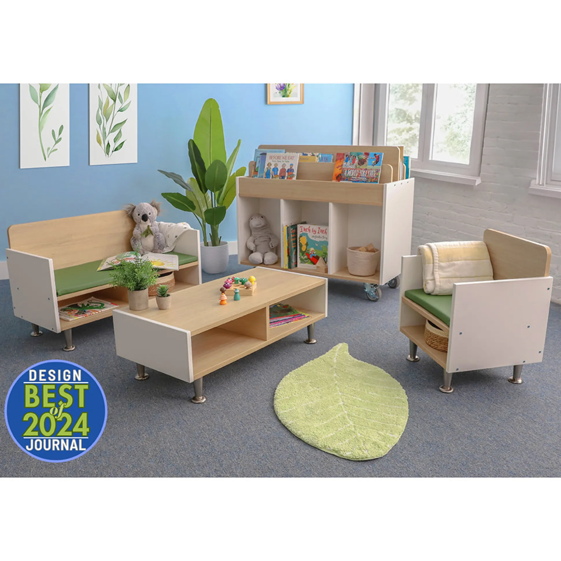 elevatED™ Modern Classroom Sofa with Storage | White Oak & Green Cushion Reading Bench for Kids