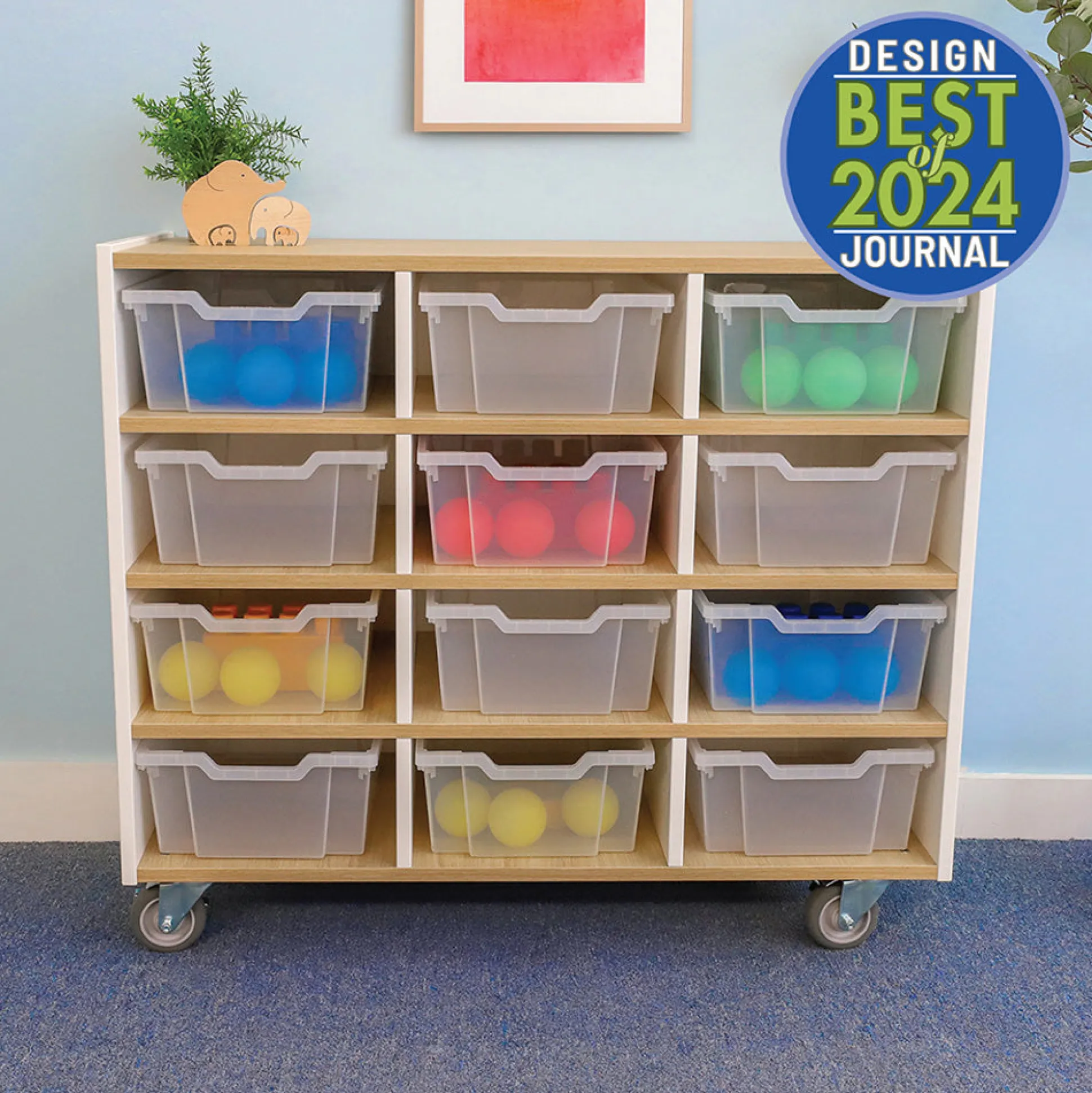 elevatED™ 12-Tray Mobile Storage Cabinet | Modern White Oak Classroom Organizer with Locking Casters