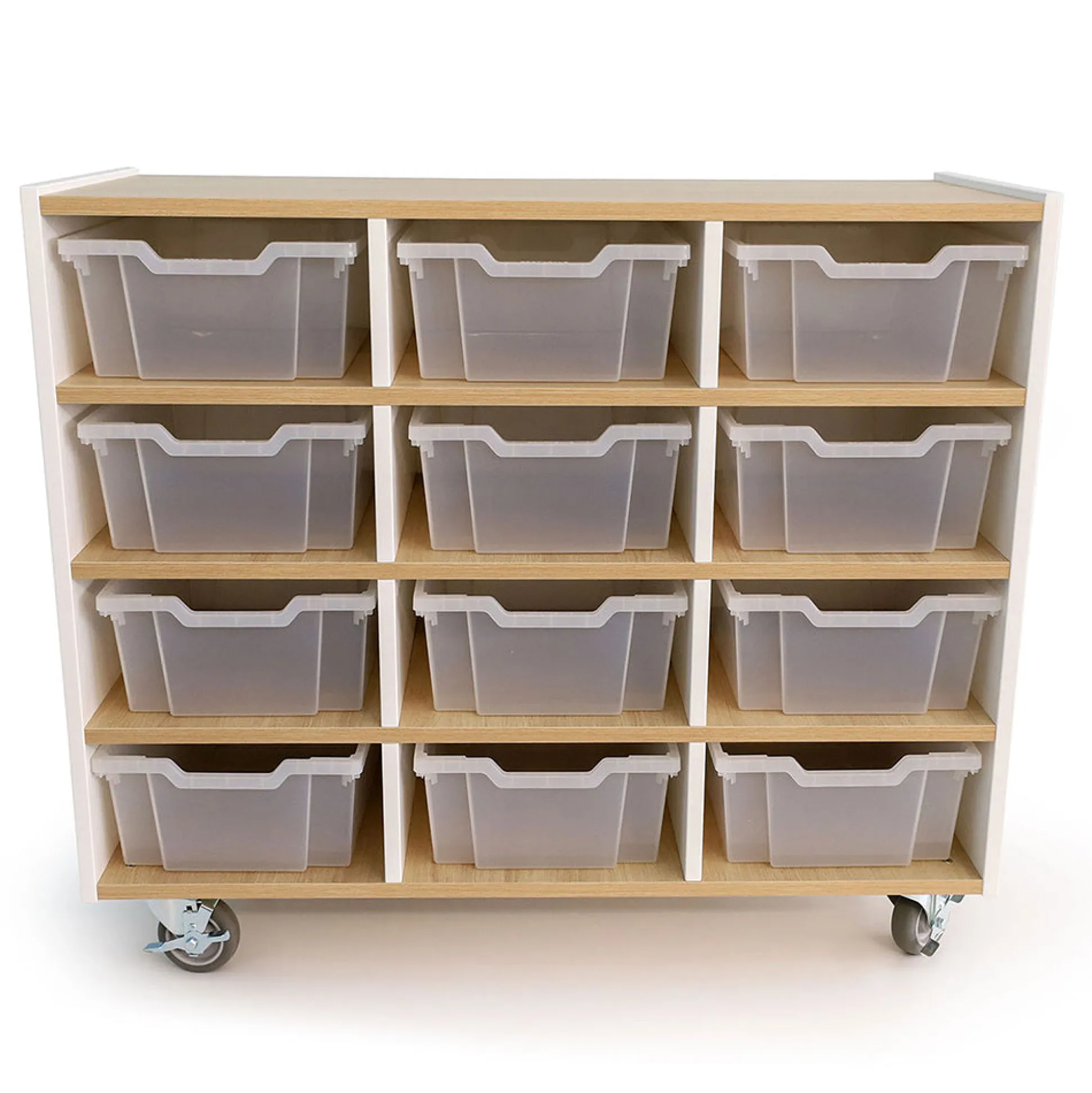 elevatED™ 12-Tray Mobile Storage Cabinet | Modern White Oak Classroom Organizer with Locking Casters