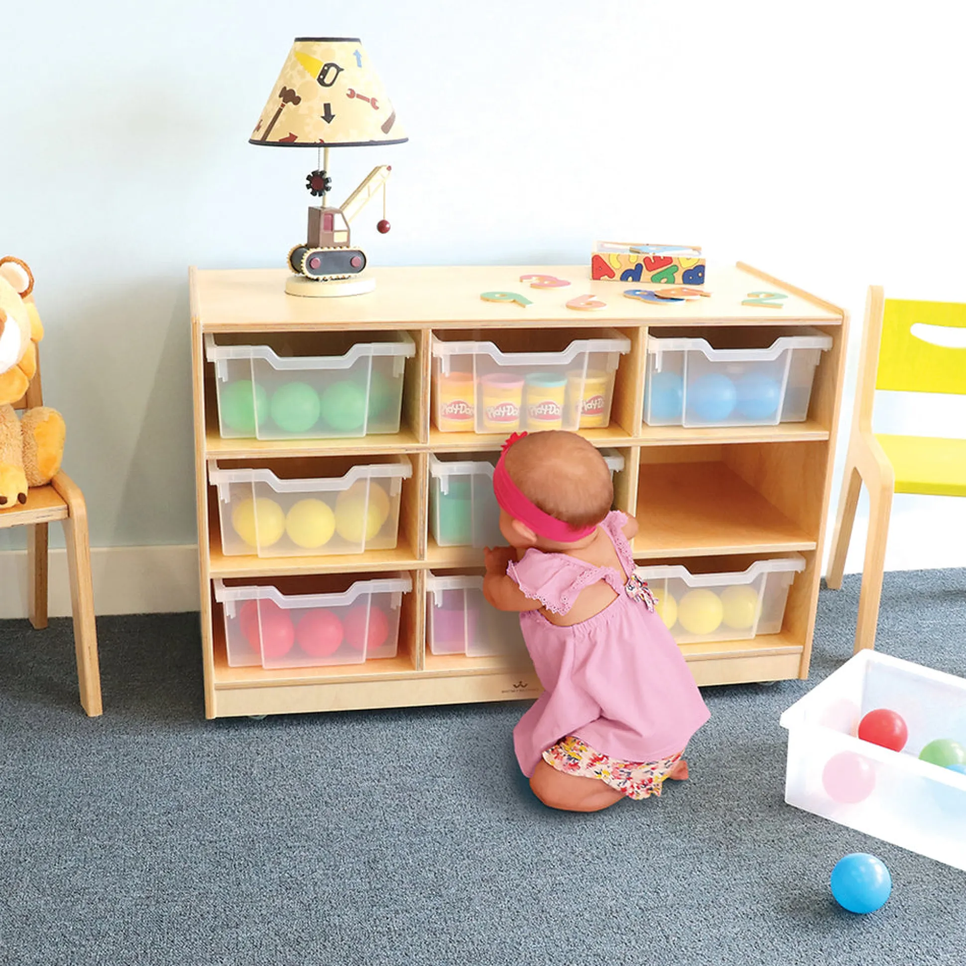 Extra Deep 9-Tray Birch Classroom Storage Unit with Clear Totes & Casters | Mobile Organizer