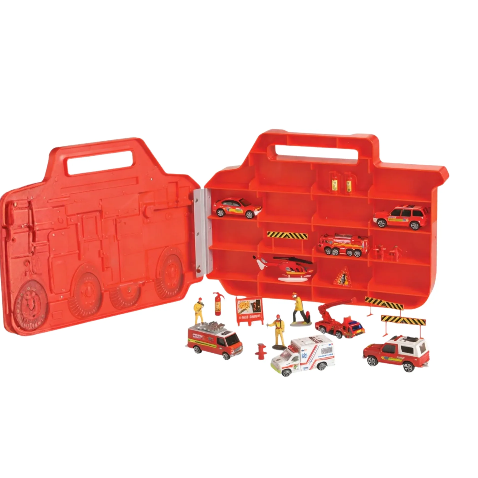 Fire Rescue Truck Carry Case with 22 Pieces – Die-Cast Fire Vehicles & Figures Playset for Kids