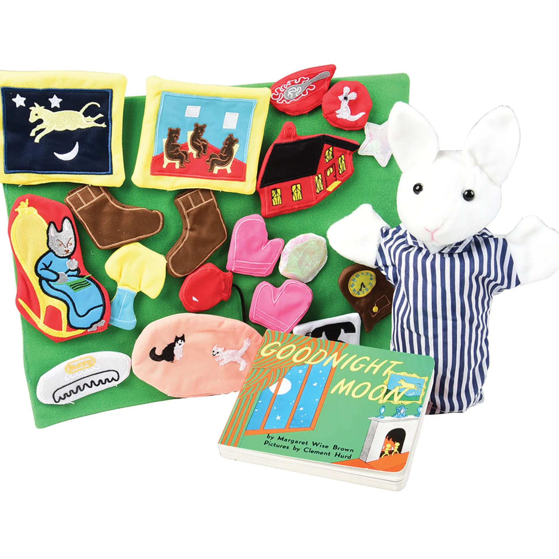 Goodnight Moon Puppet and Props Storytelling Set with Board Book* | Bunny Hand Puppet, 19 Fabric Story Props, Backdrop & Storage Bag