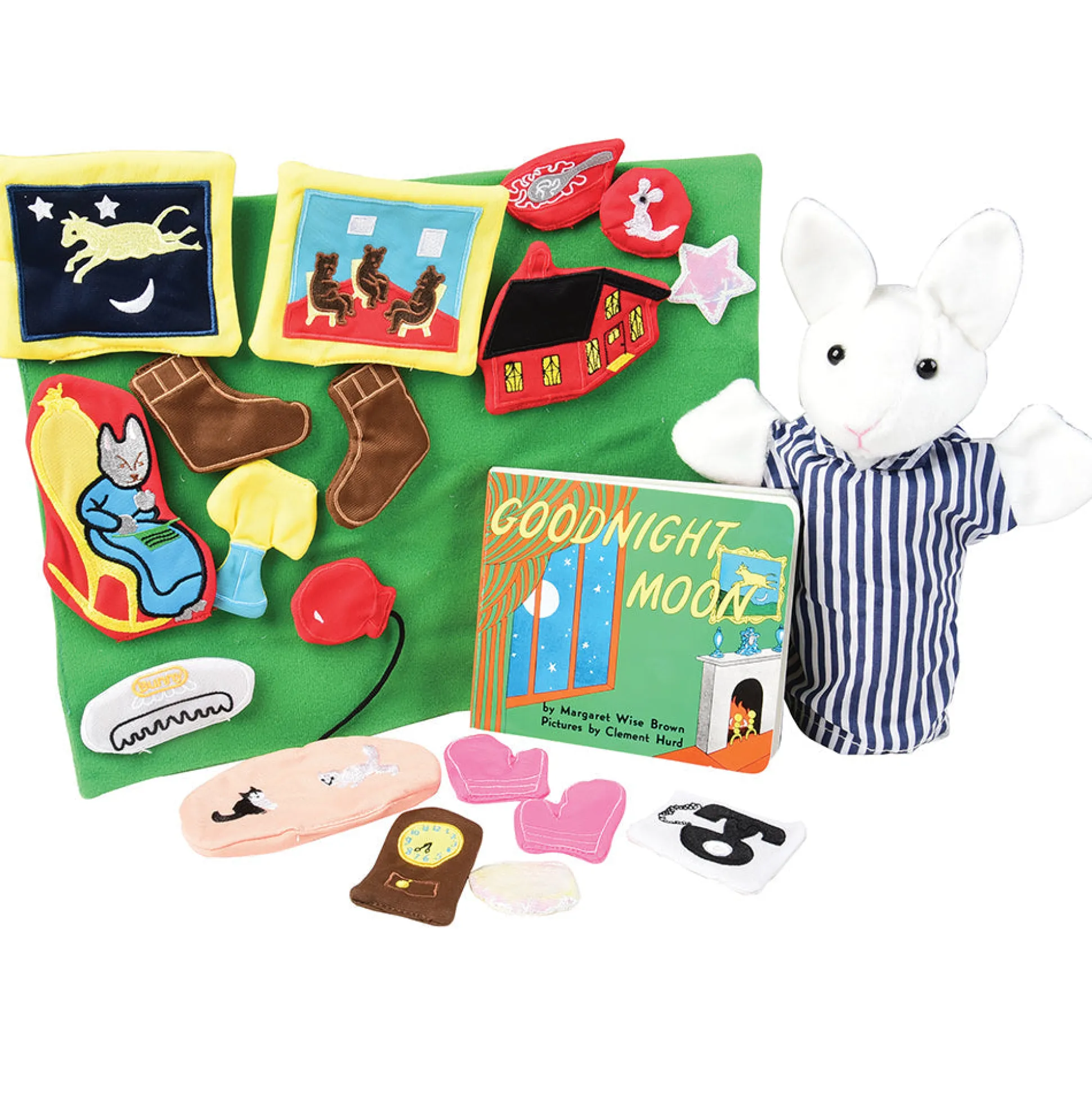 Goodnight Moon Puppet and Props Storytelling Set with Board Book* | Bunny Hand Puppet, 19 Fabric Story Props, Backdrop & Storage Bag