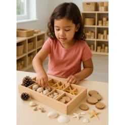 Includes Star Fish, Seashells, Pine Cones, and Tree Rings to sort and classify in the included Wood Sorting Box.