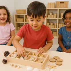 Includes Star Fish, Seashells, Pine Cones, and Tree Rings to sort and classify in the included Wood Sorting Box.