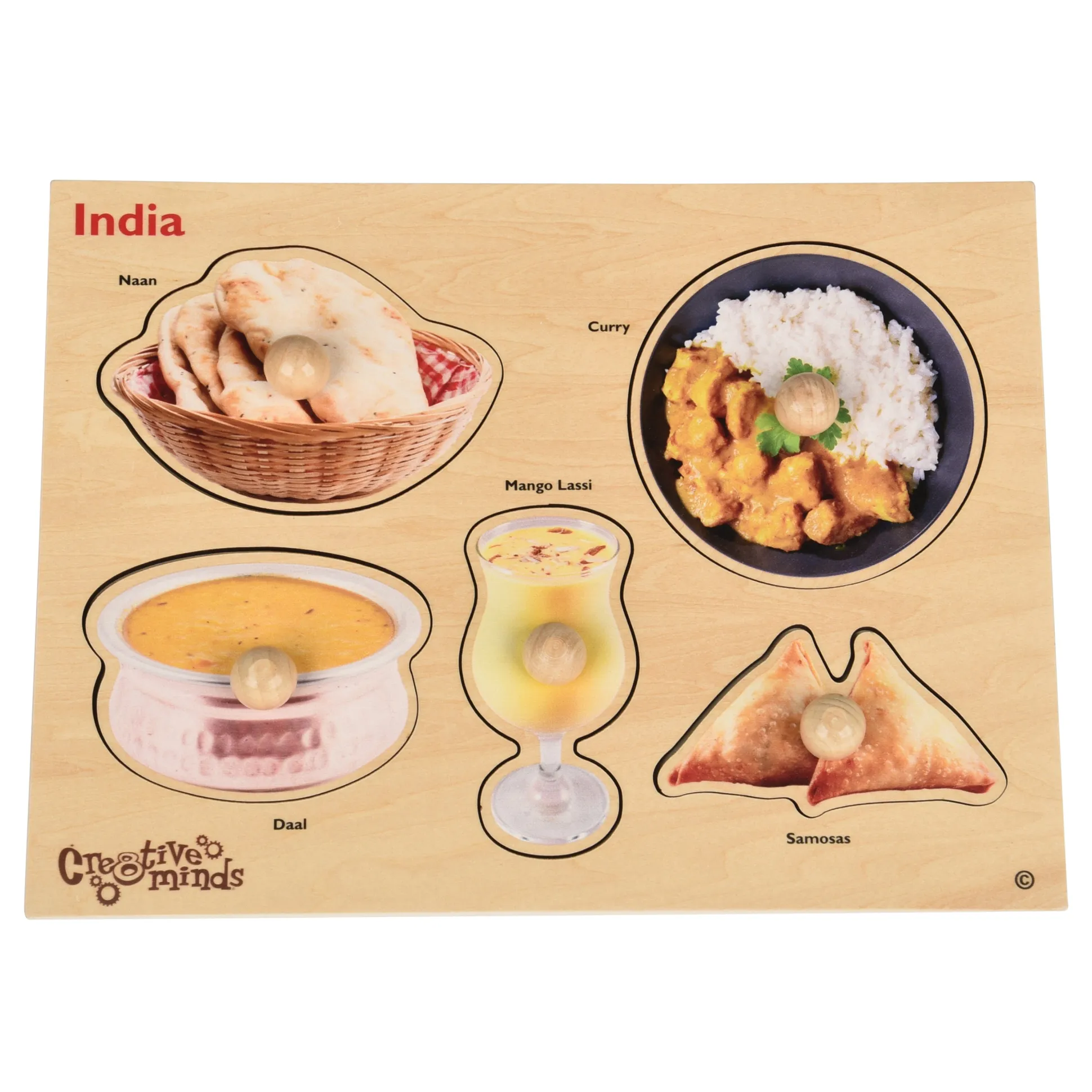 Indian Food Wooden Knob Puzzle | Preschool Peg Puzzle Featuring Real Food Photography