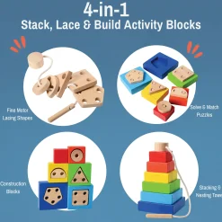 4 in 1 Rainbow Stacking Set | Wooden Stacking, Lacing & Early Math Learning Toy