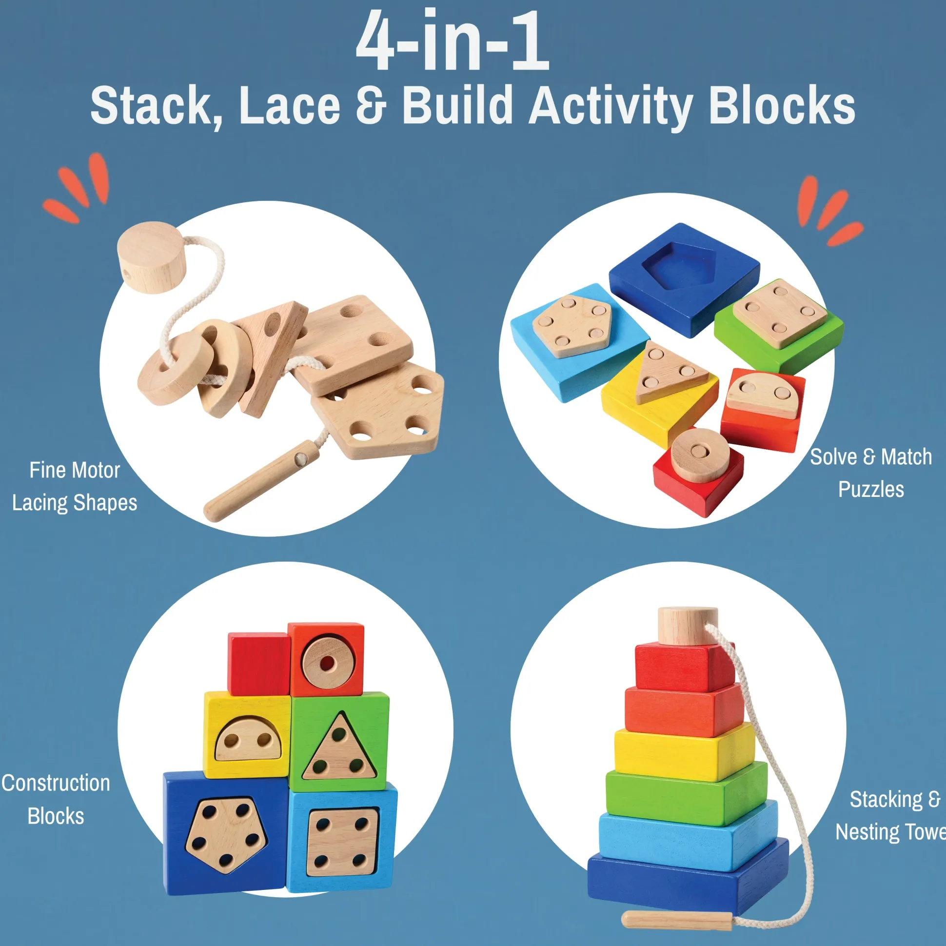 4 in 1 Rainbow Stacking Set | Wooden Stacking, Lacing & Early Math Learning Toy