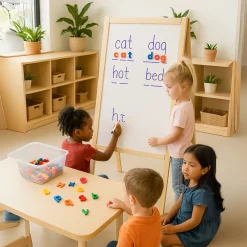 4-in-1 Wooden Easel with Magnetic Write-and-Wipe Board