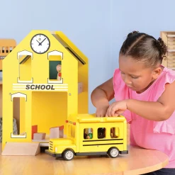 Let's Play School Wooden Playset | Schoolhouse with Chalkboard, Bus, Teacher & 4 Students