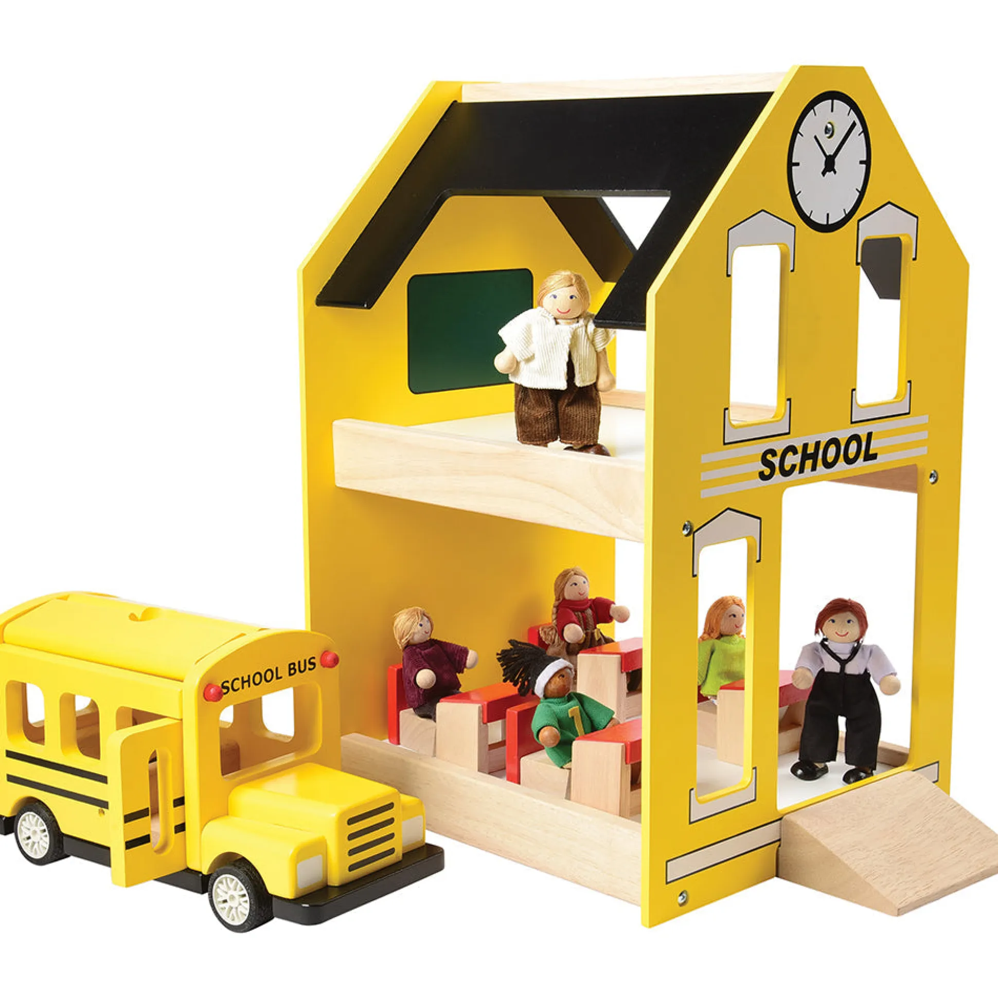 Let's Play School Wooden Playset | Schoolhouse with Chalkboard, Bus, Teacher & 4 Students