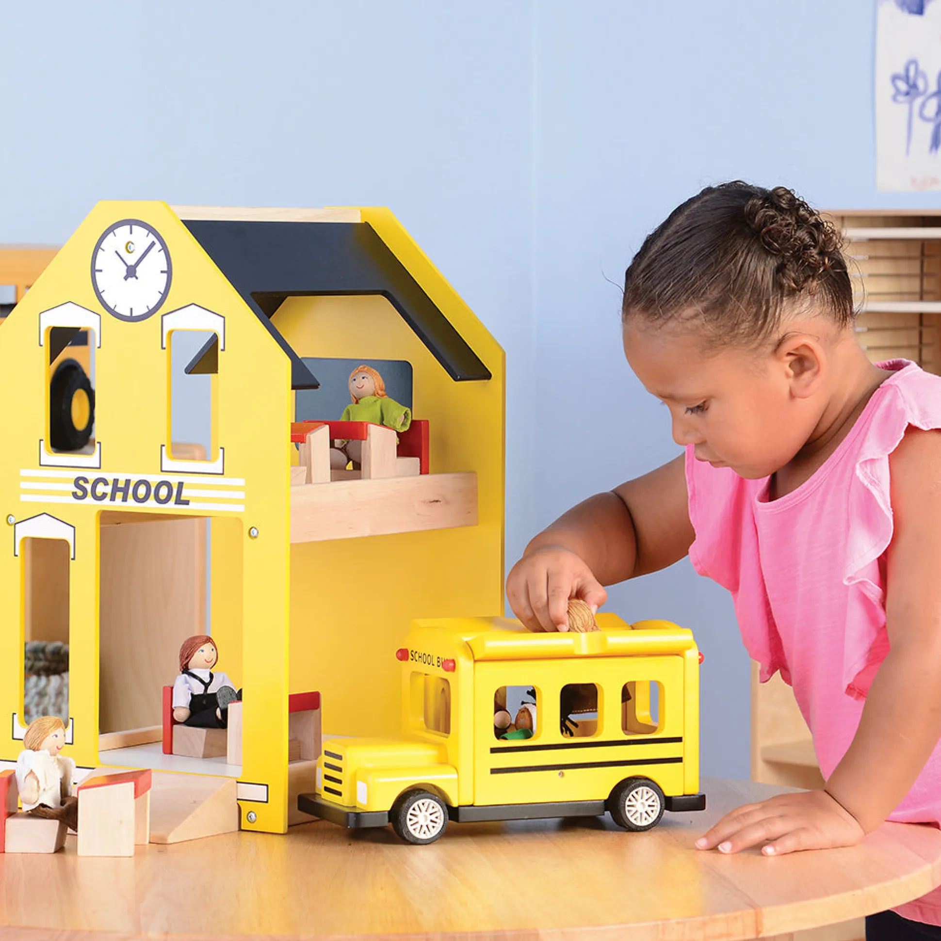 Let's Play School Wooden Playset | Schoolhouse with Chalkboard, Bus, Teacher & 4 Students