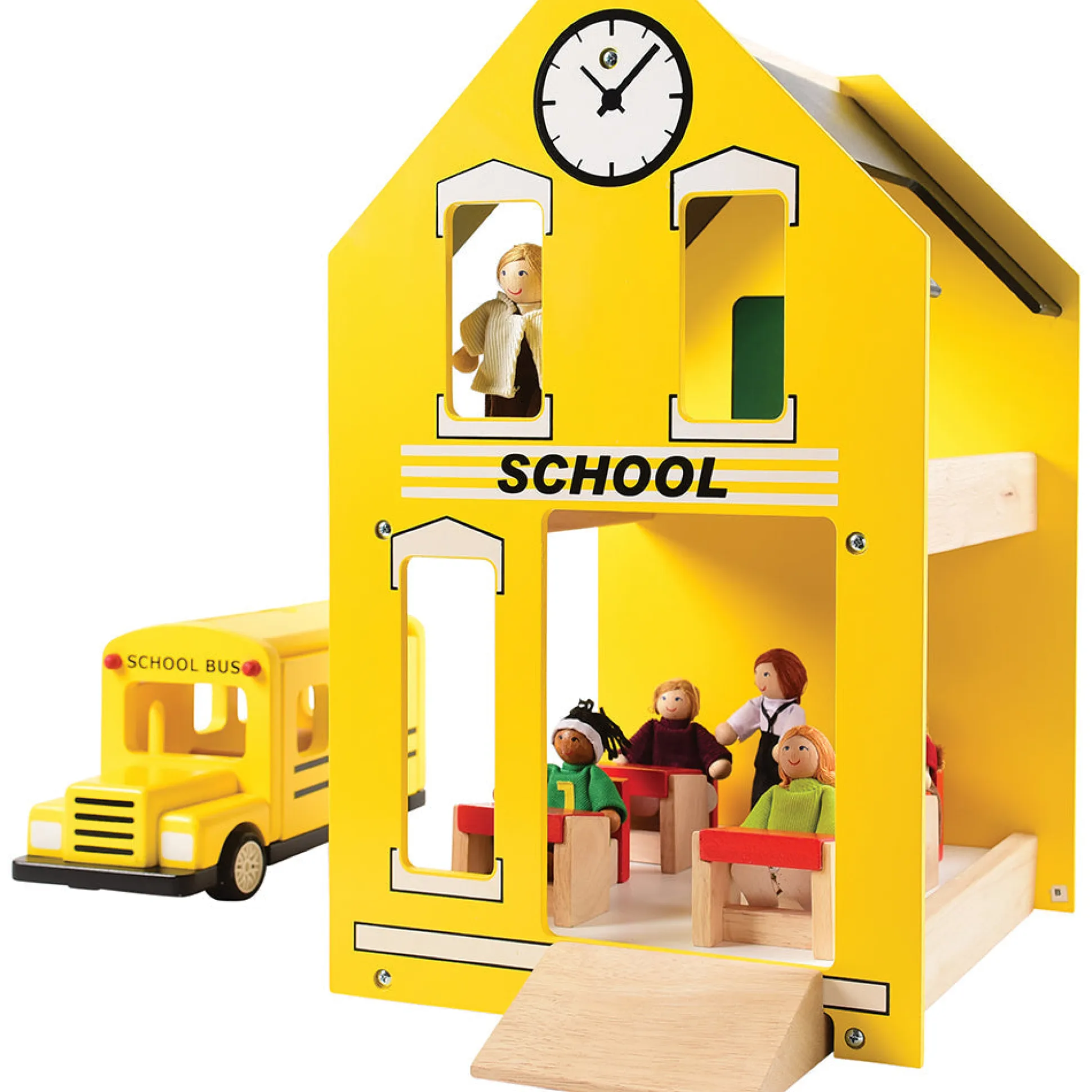Let's Play School Wooden Playset | Schoolhouse with Chalkboard, Bus, Teacher & 4 Students