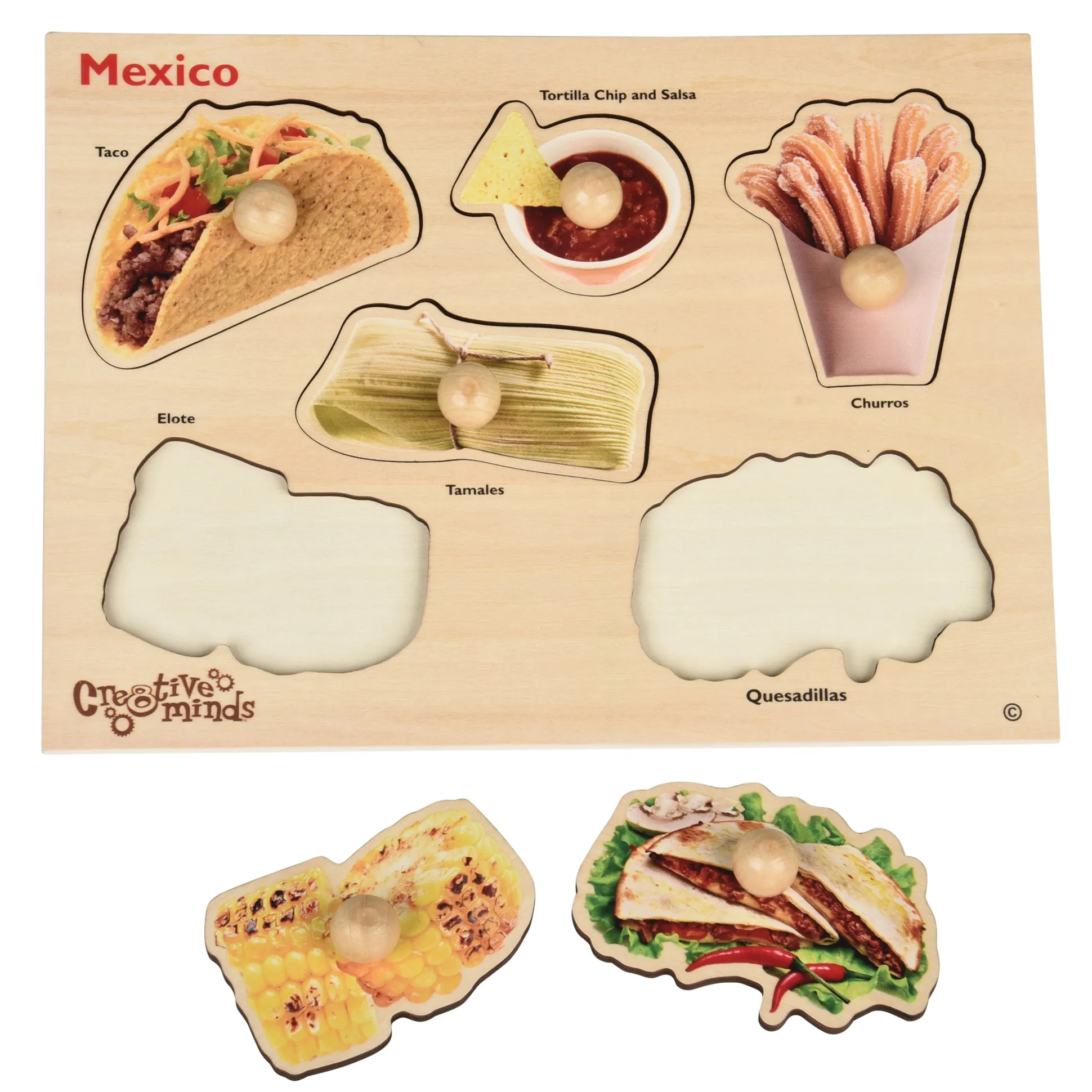 Mexican Food Wooden Knob Puzzle | Preschool Peg Puzzle Featuring Real Food Photography