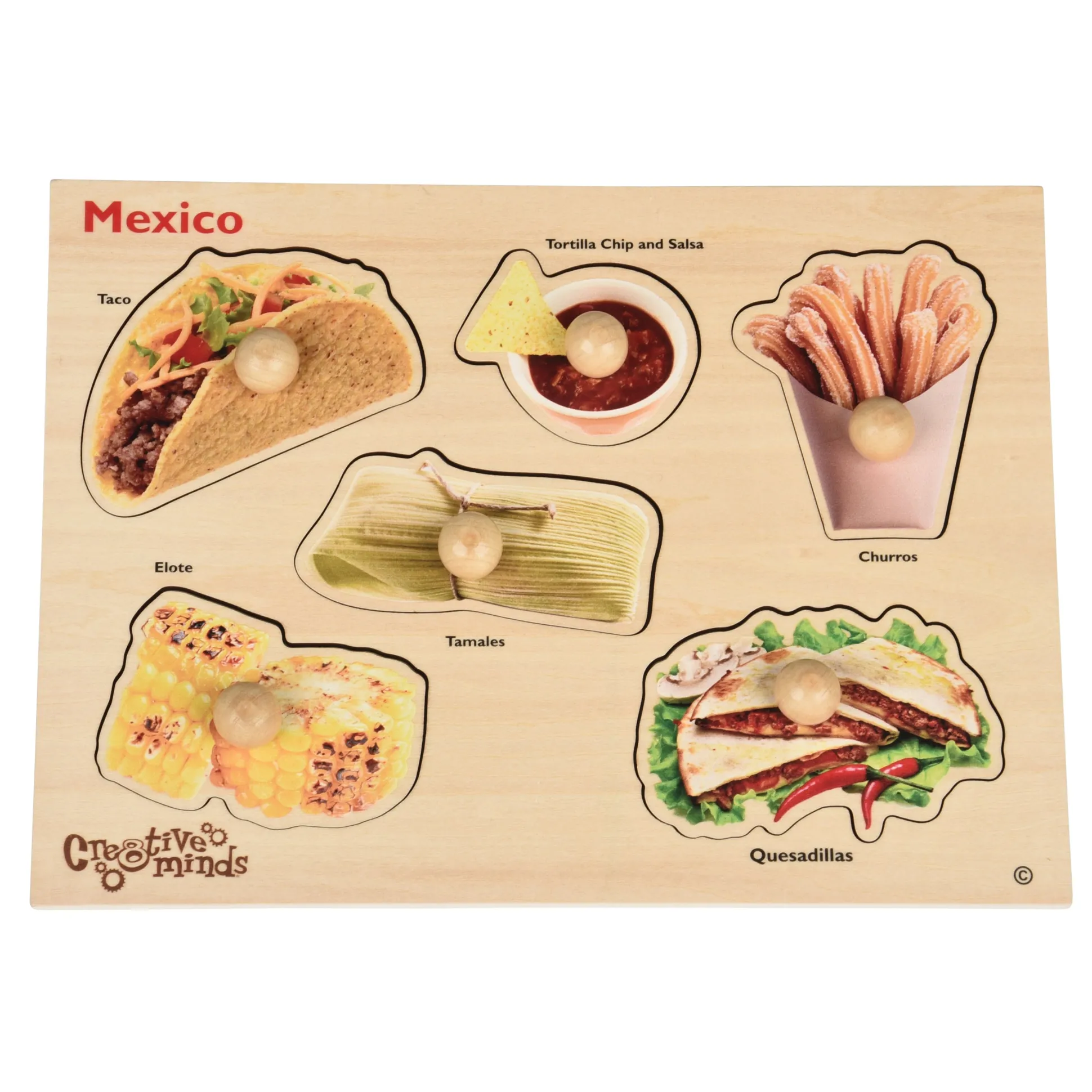 Mexican Food Wooden Knob Puzzle | Preschool Peg Puzzle Featuring Real Food Photography