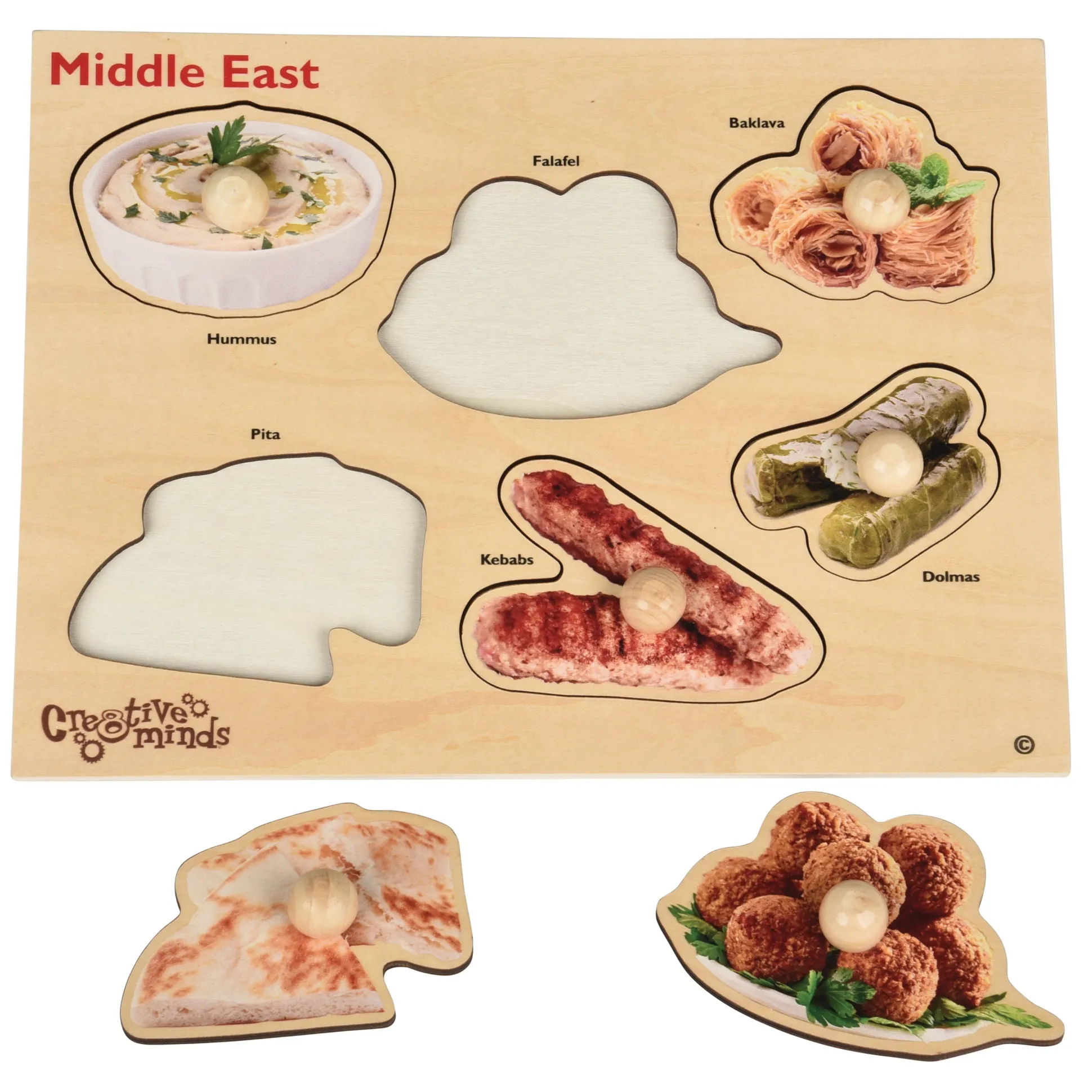 Middle Eastern Food Wooden Knob Puzzle | Preschool Peg Puzzle Featuring Real Food Photography
