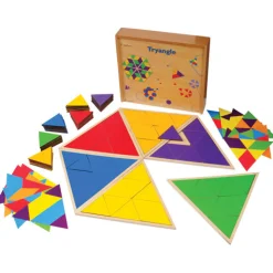Montessori Tryangle Game | Wooden Triangle Pattern Blocks & Geometry Learning Set for Ages 4+