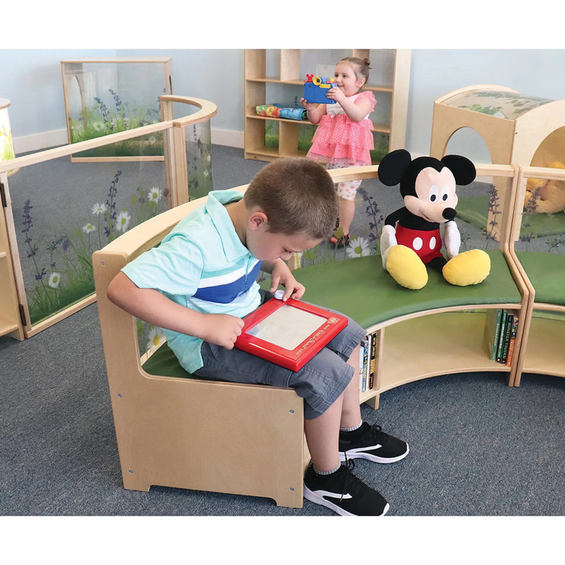 Nature View Curve-Out Reading Sofa with Book Storage | Flexible Biophilic Classroom Seating