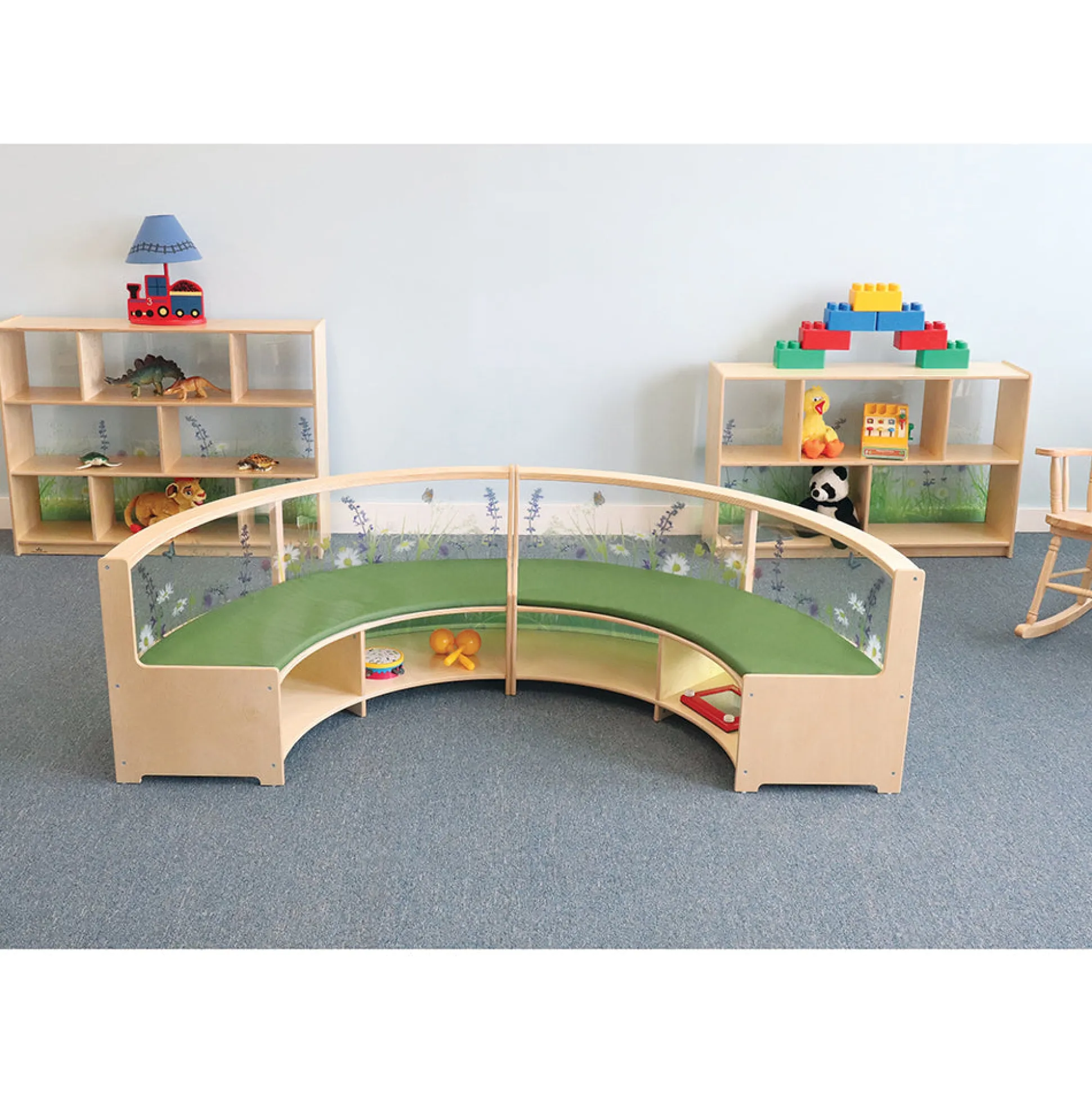 Nature View Curve-Out Reading Sofa with Book Storage | Flexible Biophilic Classroom Seating