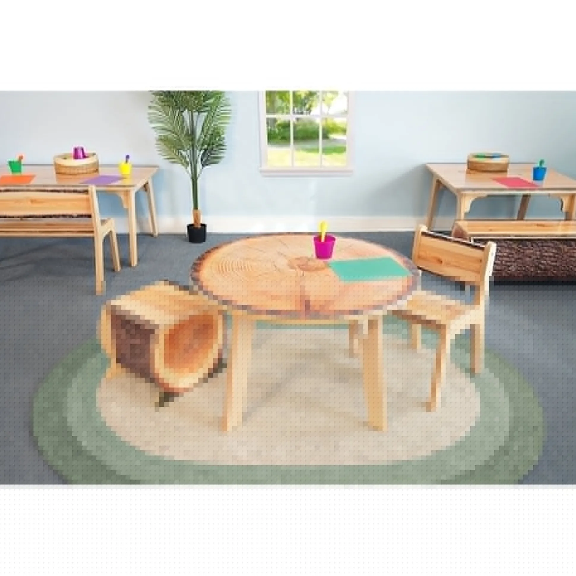 Nature View Live Edge Round Activity Table | 22" High Nature-Inspired Classroom Table | Realistic Tree Ring Detailing