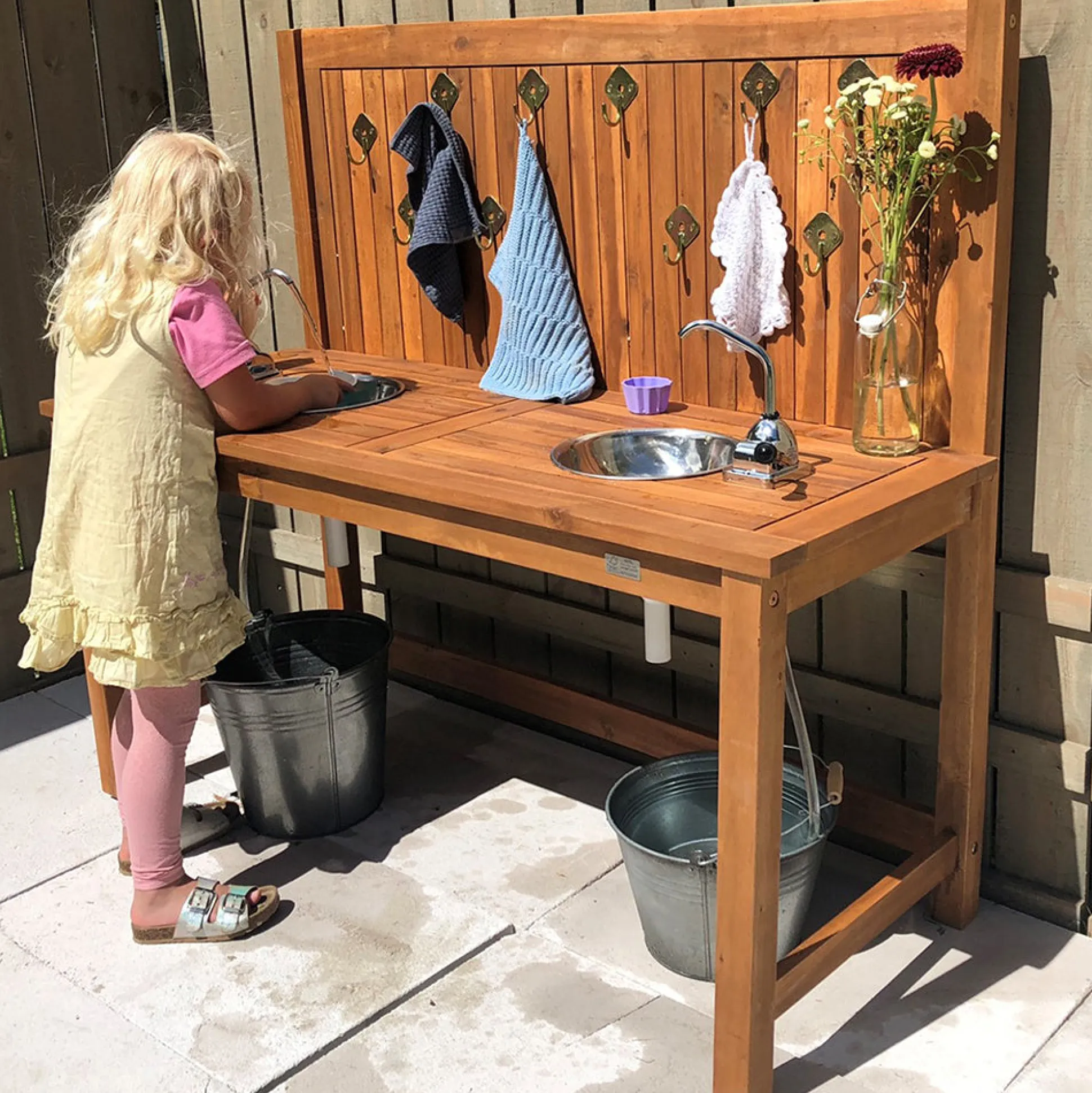 Outdoor Wooden Mud Kitchen with Double Sinks & Pumps | Eucalyptus Sensory Play Station